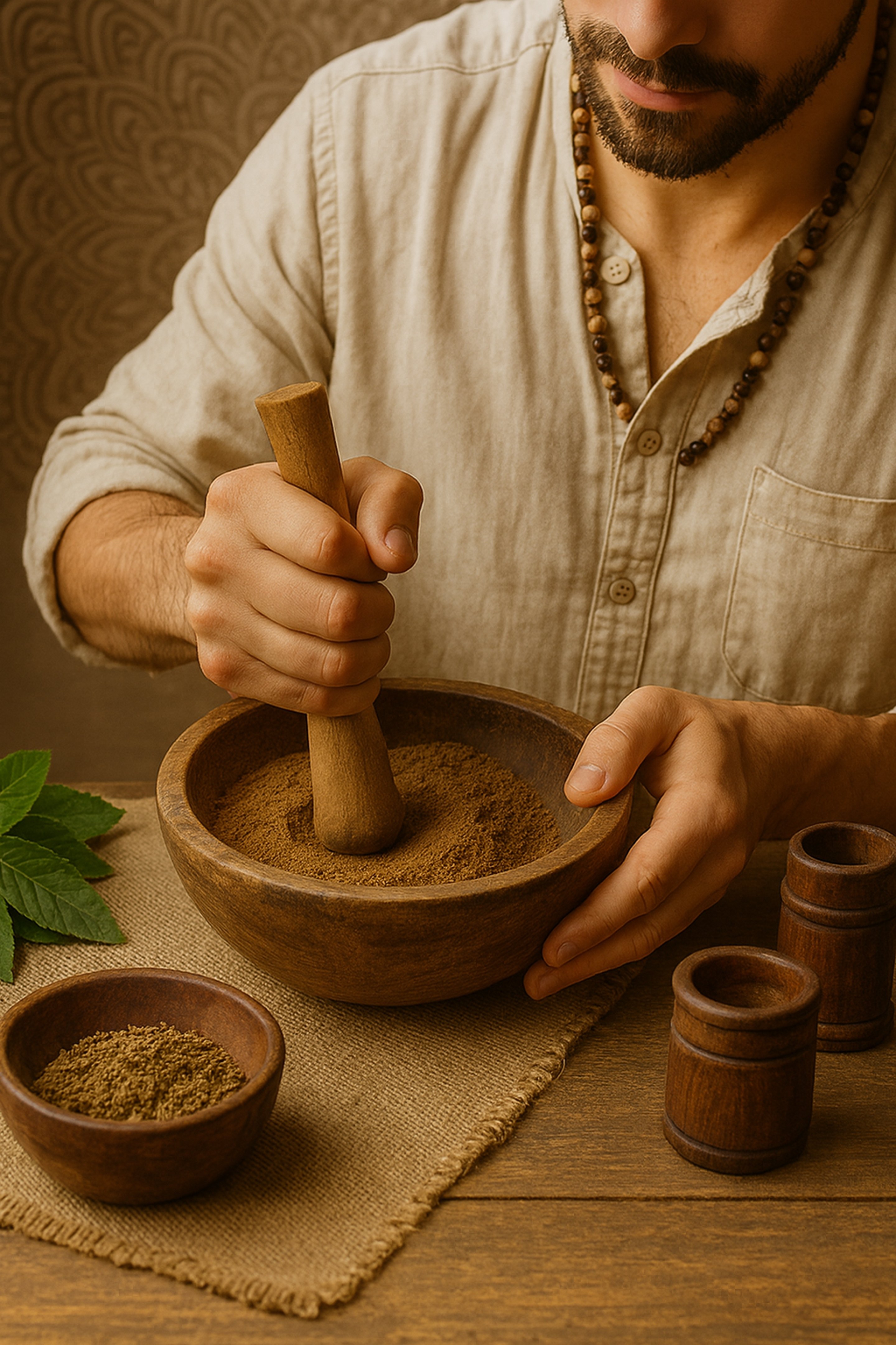 Herstellung von Rapé — Mörser und traditionelle Zutaten